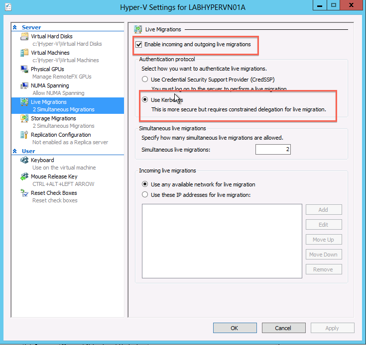 Microsoft Hyper-V 2012 Live Migration and Constrained Delegation